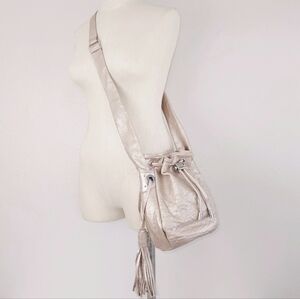 Badgley Mischka Rose Gold Leather Crossbody Pouch Bucket Bag